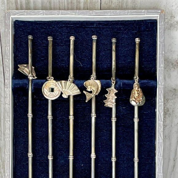 Antique Sterling Silver Long Bamboo Design Spoons with Charms Set of 6 - Picture 3 of 6